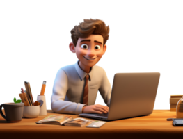 3d tekenfilm karakter van een jong Mens werken met laptop apparatuur, enz, Aan een tafel, gegenereerd ai png