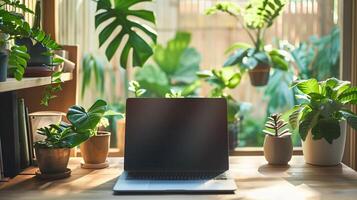 minimalist home office with open laptop and green plants, serene workspace photo