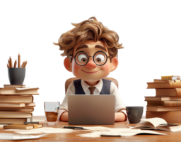 3d cartoon character of a young man working with laptop equipment, etc, on a table, generated ai png