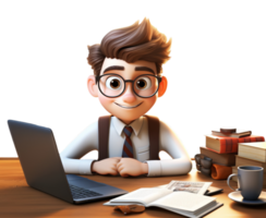 3d cartoon character of a young man working with laptop equipment, etc, on a table, generated ai png