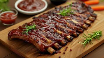 jugoso asado Cerdo costillas con vidriar, adornado con Romero en un de madera junta, ideal para verano barbacoa fiestas y independencia día celebraciones foto