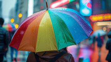 persona con vistoso arco iris paraguas caminando en urbano lluvia, gotas visible, borroso ciudad luces fondo, simbolizando diversidad, lgbtq orgullo, o lluvioso clima conceptos foto