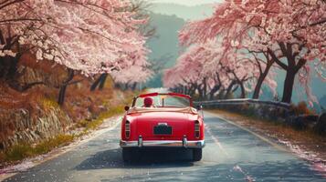 classic convertible drives down open road, cherry blossoms fall like snow, freedom theme photo