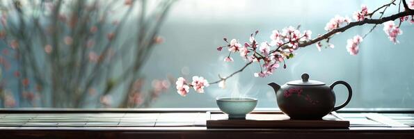 traditional Japanese tea ceremony setup with cherry blossoms in soft focus, tranquil morning, empty space for text photo