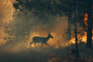 ciervo huyendo mediante un fumar lleno bosque, urgente escapar desde un que se acerca fuego fatuo foto