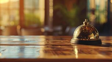 Polished reception bell on a wooden counter with warm sunlight filtering through, conveying hospitality, customer service, and hotel industry concepts photo