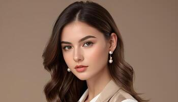 elegante joven mujer con perla pendientes y sutil maquillaje en un beige fondo, Perfecto para belleza, moda, y internacional De las mujeres día temas foto