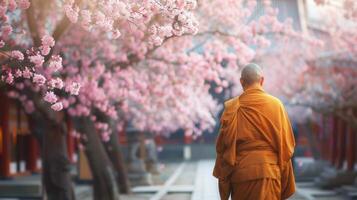 close up solitary monk walks through ancient temple gardens, cherry blossoms in full bloom photo
