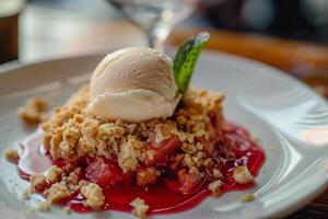 Vanilla ice cream atop warm fruit crumble with vibrant red berry sauce, garnished with fresh mint, perfect for summer dessert menus or Mothers Day specials photo