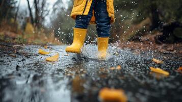 kid joyfully splashes in a puddle wearing bright yellow rain boots, rainy day fun photo