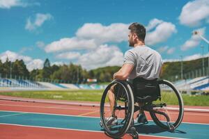 male athlete in wheelchair racing red track stadium in para athletics competition, summer sports games photo