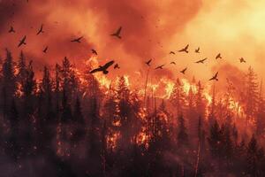 Birds soaring above a forest consumed by flames, dramatic escape against a backdrop of fire and smoke photo