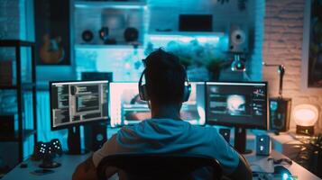 Focused individual at a multi monitor workstation during a late night session, technology and gaming concept, unrelated to specific ethnicity or holidays photo