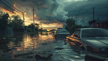 inundado urbano calle con abandonado carros, Tormentoso cielo gastos generales foto