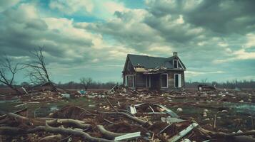 solitario casa en pie después un devastador tornado, escombros dispersado alrededor foto