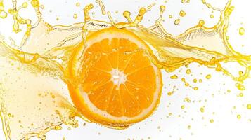 An artistic splash of orange juice with a single, perfect slice of orange frozen in mid-air, set against a stark white background for high contrast photo