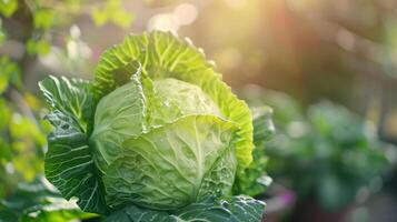 Fresco verde repollo con Rocío gotas en un iluminado por el sol jardín, simbolizando sano comiendo y sostenible agricultura, ideal para tierra día y mundo comida día promociones foto