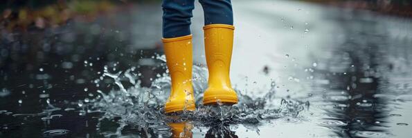 niño alegremente salpicaduras en un charco vistiendo brillante amarillo lluvia botas, lluvioso día divertido , vacío espacio para texto foto