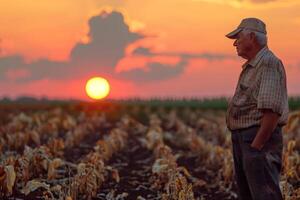 Farmer inspecting a field of withered crops after a day of intense heat, sunset in the background photo