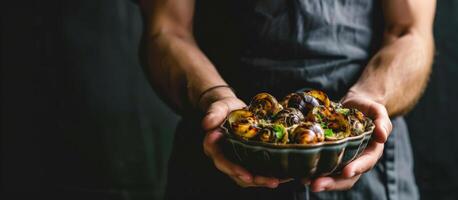 cocinero en un oscuro delantal presentación un cuenco de cocido Caracoles adornado con hierbas, un concepto para francés cocina y gastrónomo comida experiencias foto