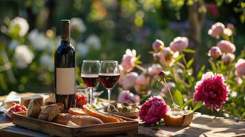 Perfect photo, stock style photo Peaceful outdoor meal in a fragrant peony garden, with wine, bread, and cheese on a rustic wooden tray