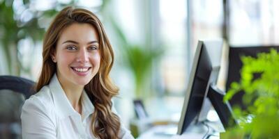 contento negocio mujer, oficina y contador sonrisa para carrera ambición, secretario o financiero tutor cara retrato de hembra persona en orgullo para contabilidad trabajo, mesa de ayuda o éxito a el lugar de trabajo foto