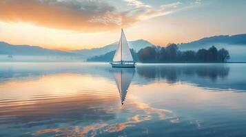 single sailboat on a serene lake at sunrise, reflections in the calm water photo