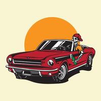 Vintage car with skeleton holding beer vector