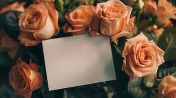 Bosquejo de un blanco tarjeta junto a naranja Rosa ramo, suave pastel tonos foto