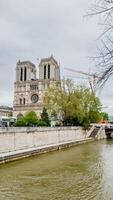 Spring view of Notre Dame Cathedral with Seine River and construction crane, symbolizing Parisian architecture and cultural heritage restoration photo