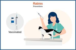 Medical illustration in flat style. Rabies prevention concept. Female veterinarian is using a syringe to administer rabies vaccination to a cat. vector