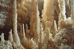 grande hermosa agudo estalactitas colgando abajo desde profundo montaña cueva foto