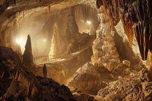 Large beautiful sharp stalactites hanging down from deep mountain cave photo