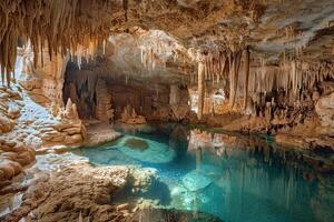 Large beautiful sharp stalactites hanging down from deep mountain cave photo