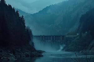 Hydroelectric power energy plant with large turbines and water spills photo