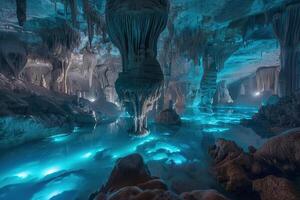 Large beautiful sharp stalactites hanging down from deep mountain cave photo