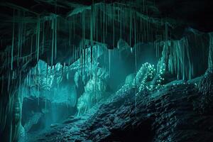 Large beautiful sharp stalactites hanging down from deep mountain cave photo