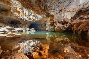 Large beautiful sharp stalactites hanging down from deep mountain cave photo