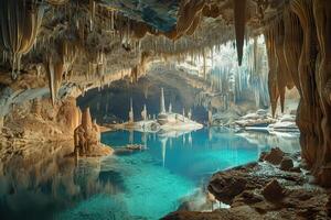 grande hermosa agudo estalactitas colgando abajo desde profundo montaña cueva foto