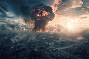 Scary nuclear explosion in outdoor, mushroom cloud of nuclear weapons photo