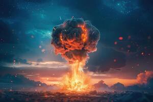 Scary nuclear explosion in outdoor, mushroom cloud of nuclear weapons photo