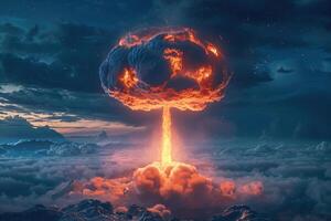 Scary nuclear explosion in outdoor, mushroom cloud of nuclear weapons photo