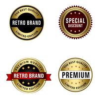 conjunto de calidad insignias y etiquetas diseño elementos. dorado Insignia etiquetas y laurel retro Clásico recopilación. emblema prima lujo logo en retro estilo modelo insignias recopilación. vector