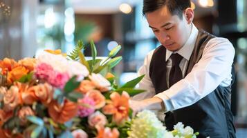 enfocado florista de asiático etnia arreglando un vibrante ramo, Perfecto para madres día, bodas, o primavera celebraciones foto
