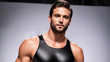 hermoso atlético caucásico masculino modelo en un negro tanque parte superior posando con confianza, ideal para aptitud promociones y de los hombres Moda caracteristicas foto