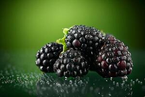 cluster of dewy blackberries isolated on a dark green gradient background photo