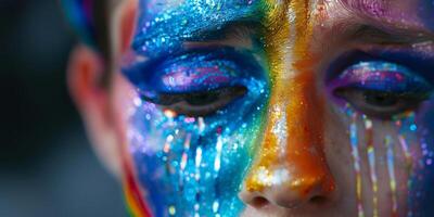 Close up of a person with vibrant rainbow glitter makeup, symbolizing LGBTQ pride and celebration during events like Pride Month or Carnival photo