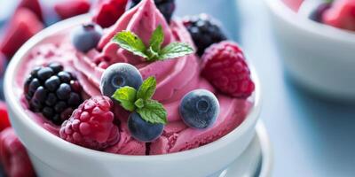 Vibrant berry frozen yogurt topped with fresh raspberries, blackberries, and blueberries, garnished with mint ideal for summer desserts and healthy eating concepts photo