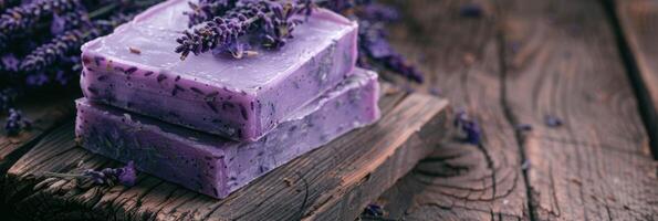 handcrafted lavender soap displayed on rustic wooden table, early morning market light, empty space for text photo