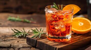 Aromatic orange aperitif with ice and rosemary garnish on rustic wooden background, ideal for summer evenings and cocktail parties photo